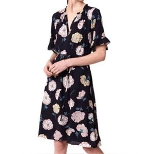 LOFT Navy Large Floral Ruffle Sleeve Dress Size Small